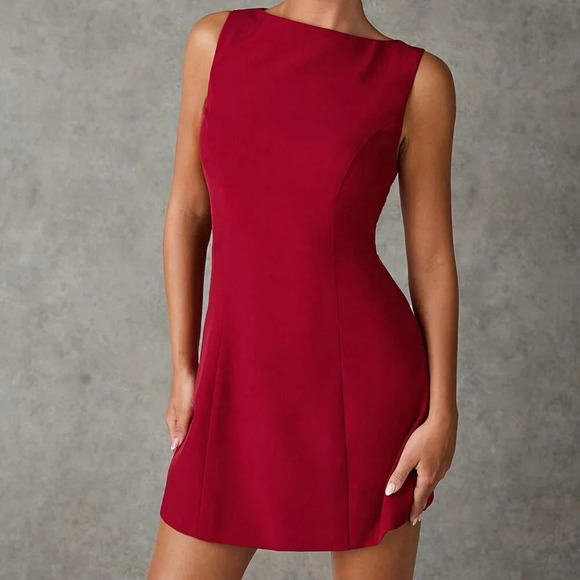 Burgundy Elegant Women's Solid Color Sleeveless Bodycon Mini Dress - Picture 2 of 6